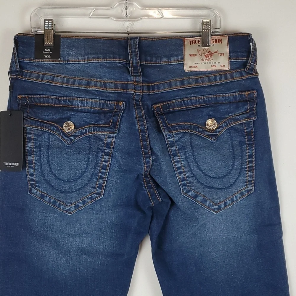 True Religion Geno Jeans 32x32 Relaxed Slim Dark Roper Wash Big‎ T Flap pocket